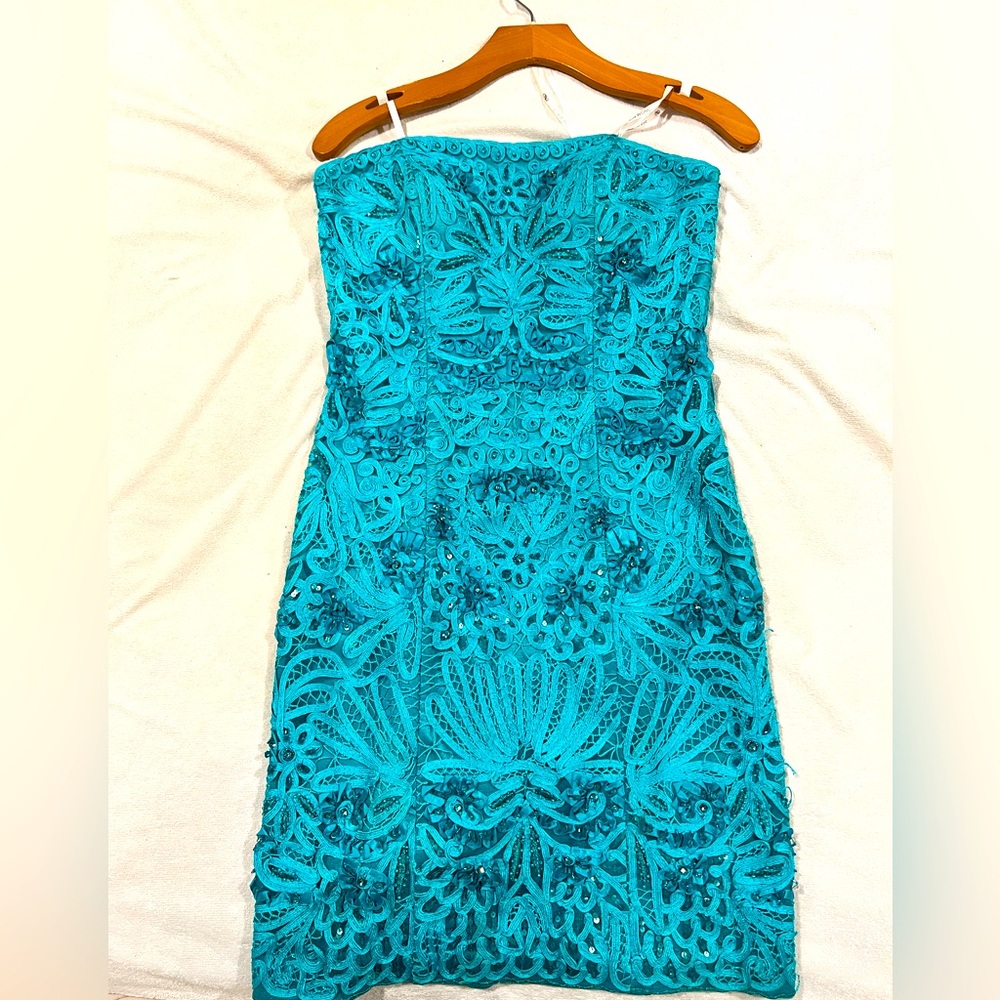 Sue Wong Nocturne strapless Cocktail Dress teal color